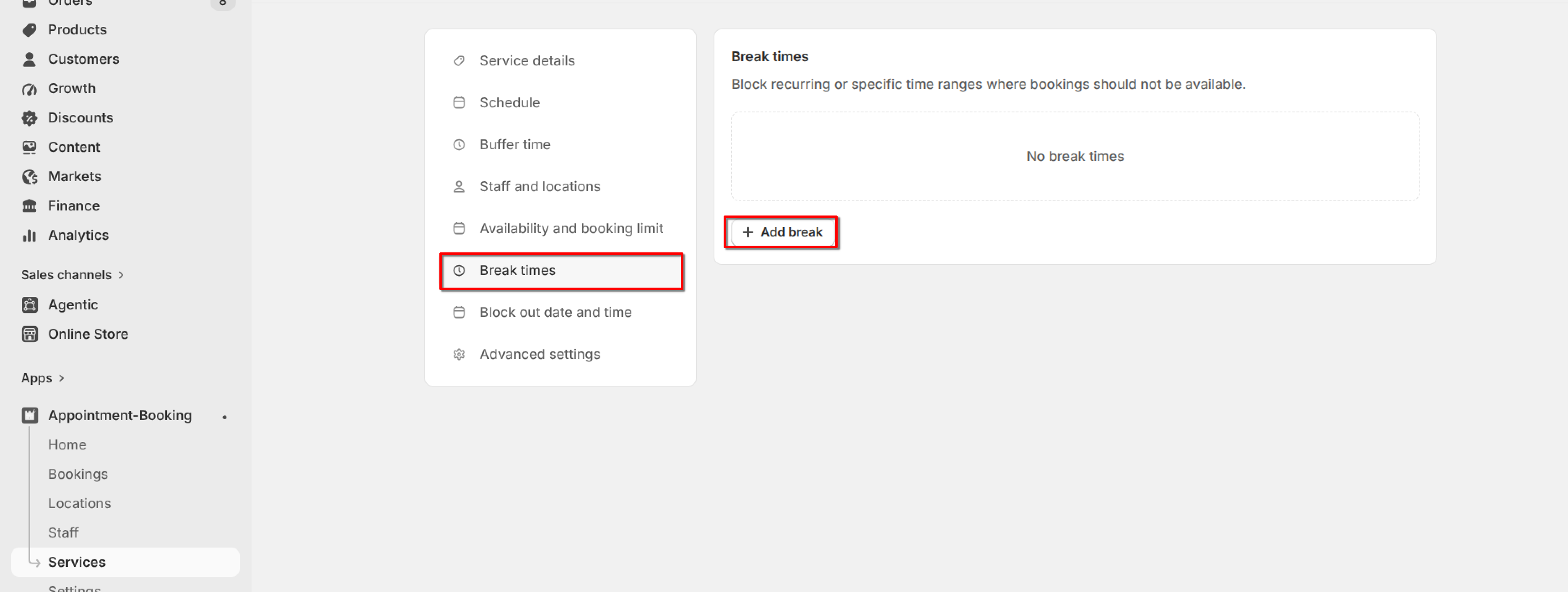 Break times tab with no break times yet and the "Add break" button highlighted